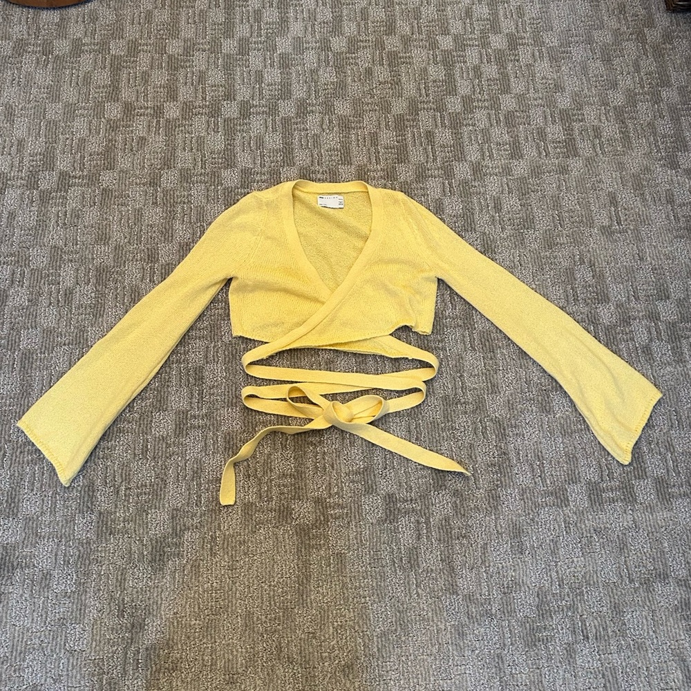 Yellow Knit Wrap Tie Sweater